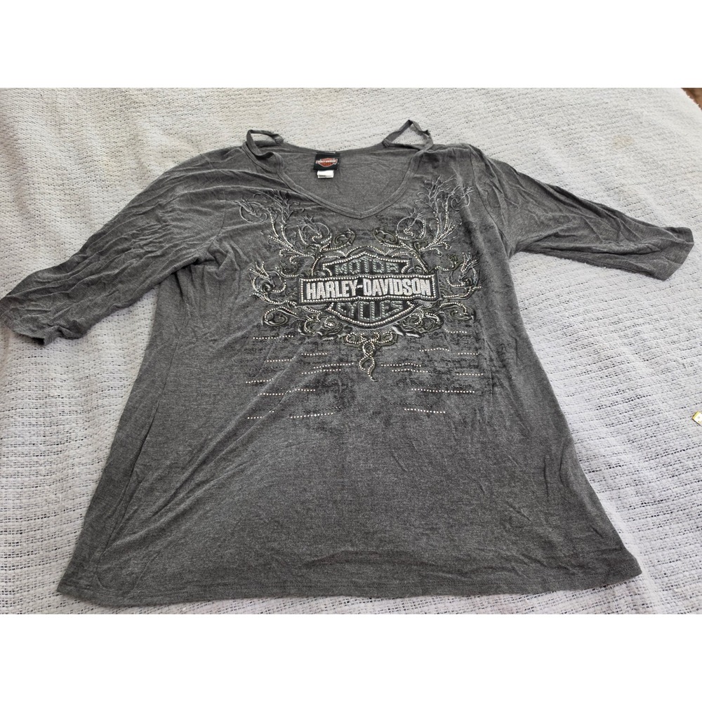 HarleyDavidson Women 2XL Gray Rhinestone Graphic V-Neck 3/4 Sleeve Top HT4437GRY